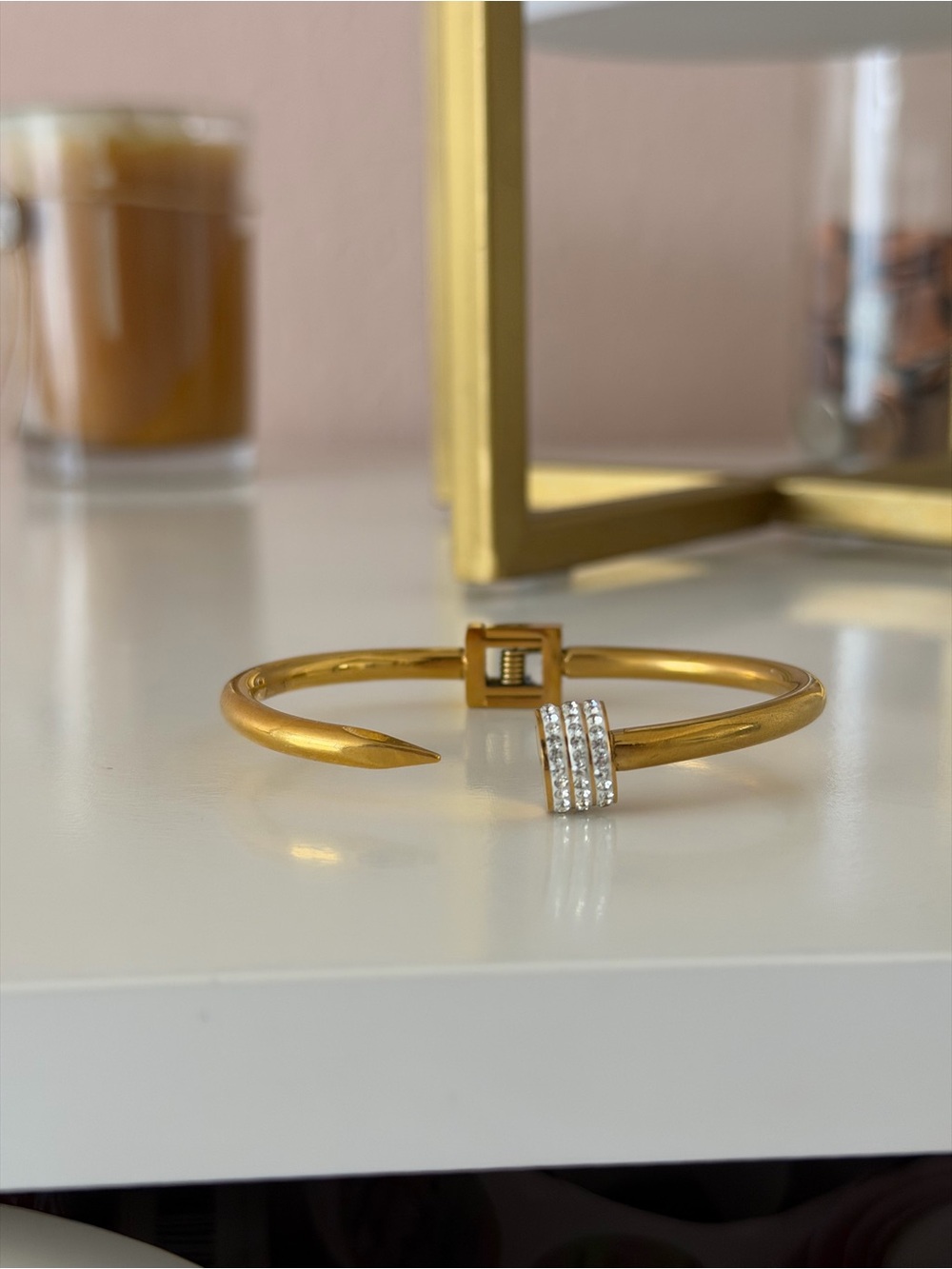 Gold Tone Rhinestone Nail Bangle – Hinged Cuff Wrap Bracelet